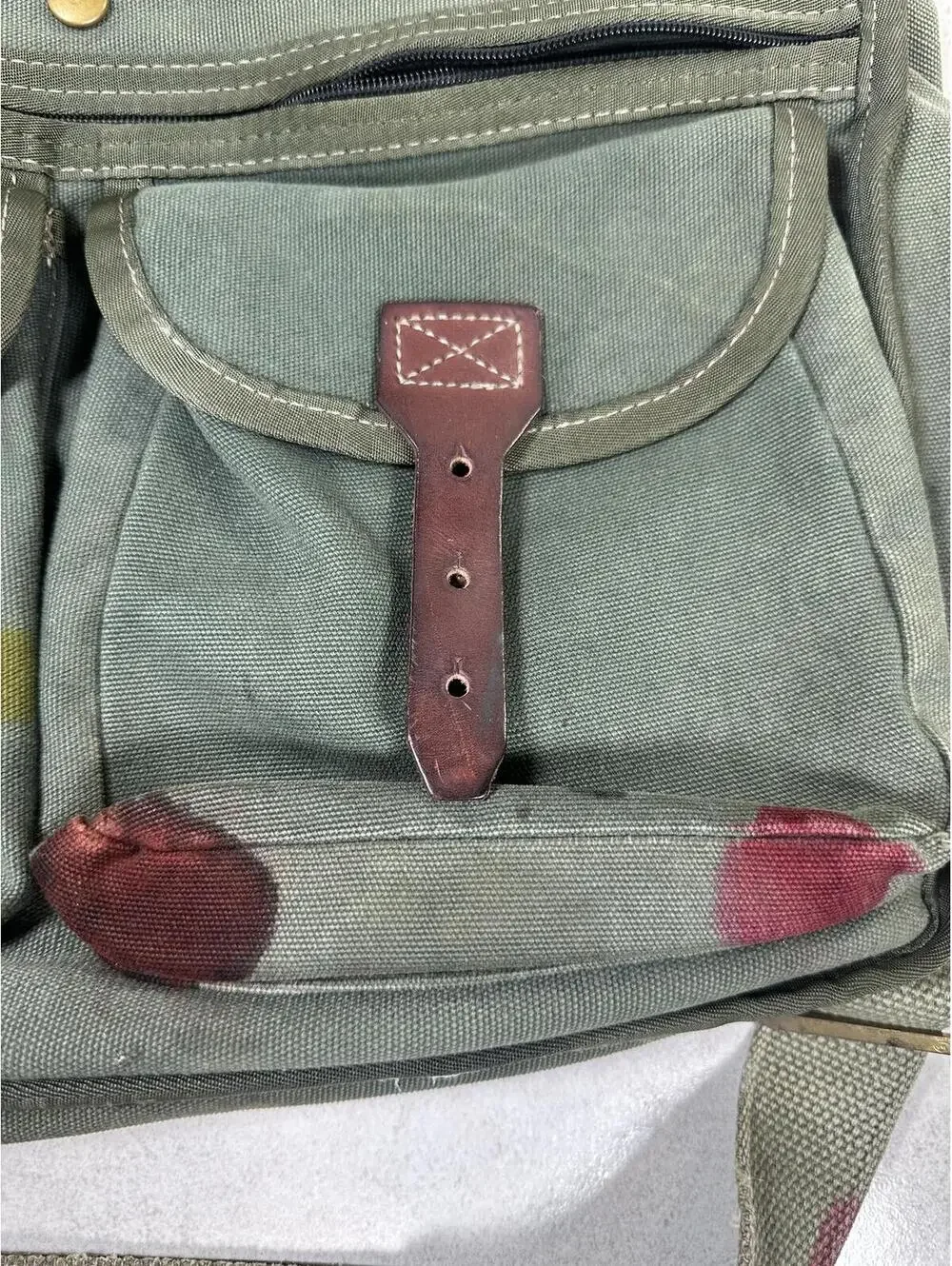 VTG Orvis Company Waxed Canvas Leather Messenger Bag Green 6 Pockets